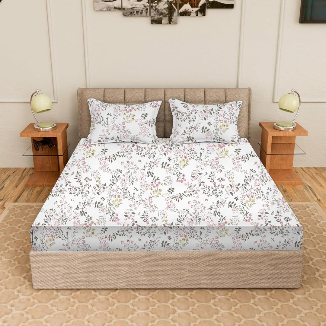 100% Cotton 210 TC Cotton Printed Fitted Bedsheet with Pillow Covers - Daisy Shower
