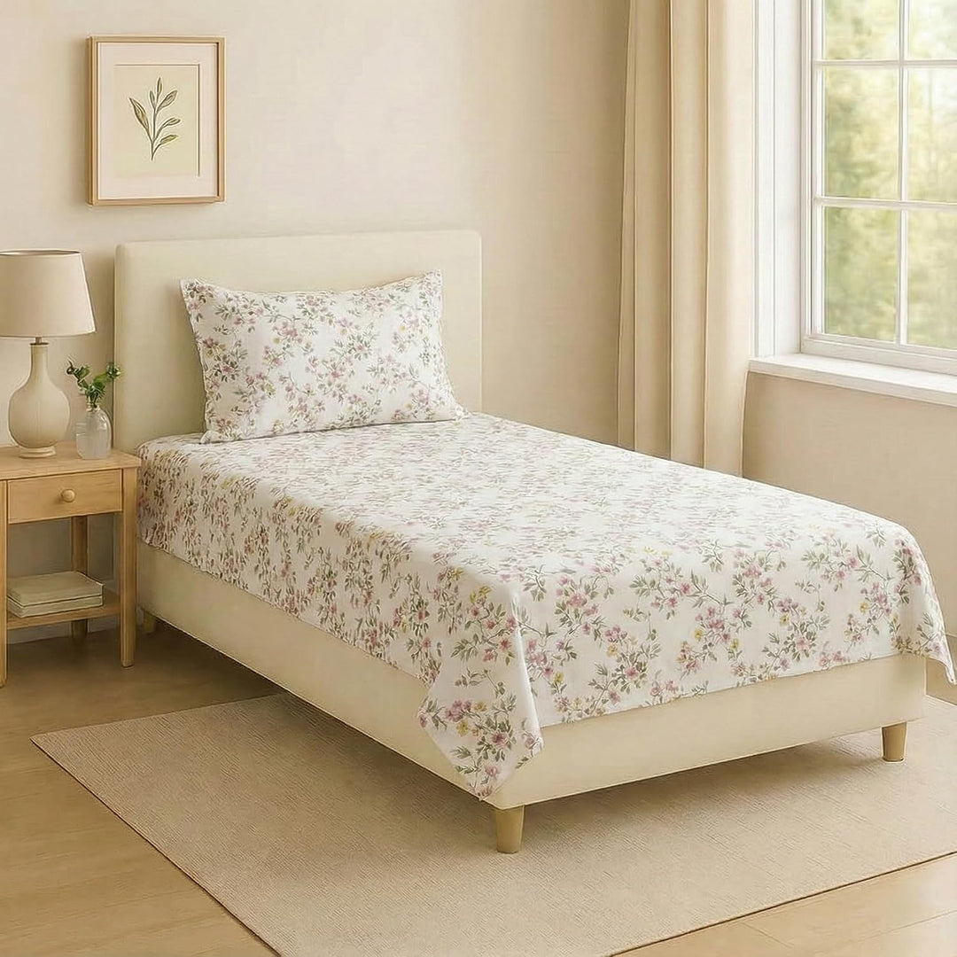 100% Cotton 210 TC Printed Flat Bedsheet with  Pillow Covers - Daisy Shower