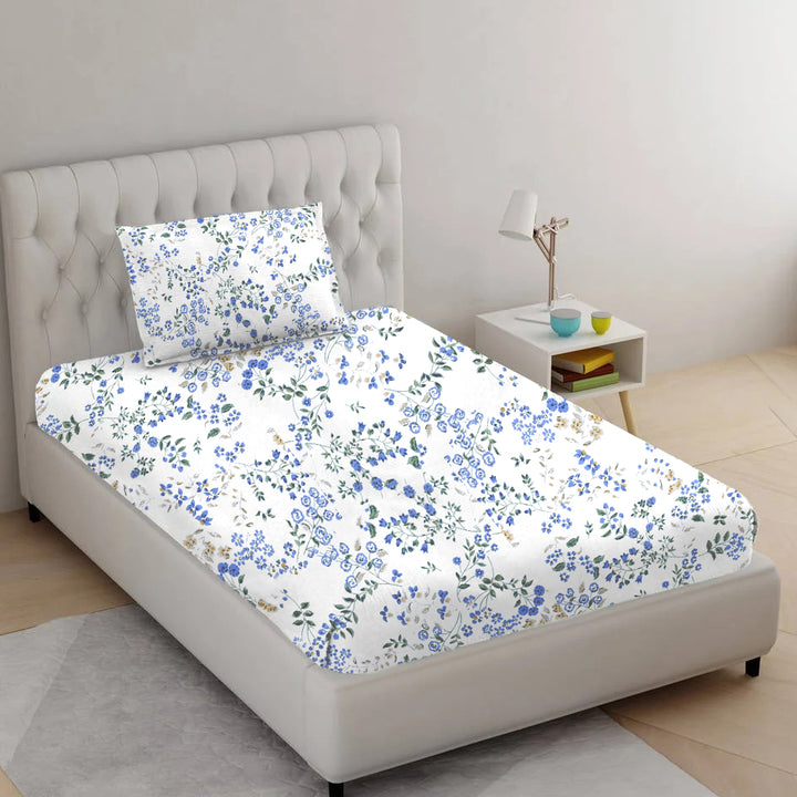 100% Cotton 210 TC Cotton Printed Fitted Bedsheet with Pillow Covers - Daisy Shower