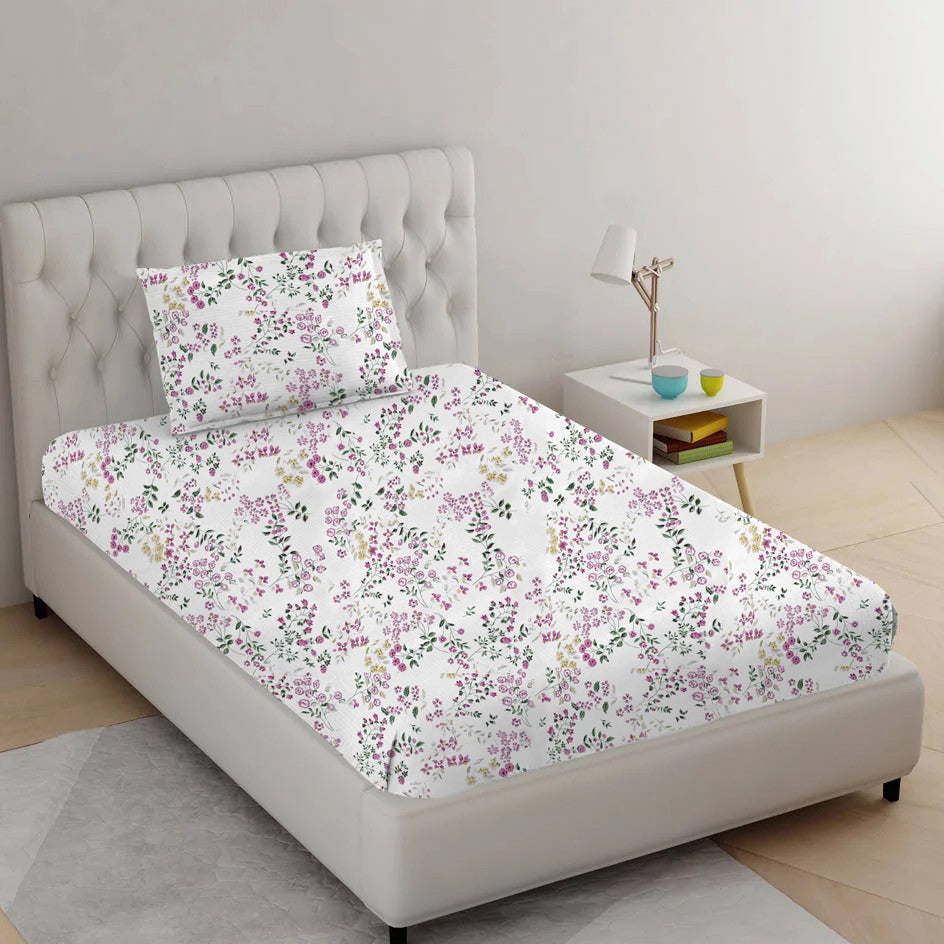 100% Cotton 210 TC Cotton Printed Fitted Bedsheet with Pillow Covers - Daisy Shower