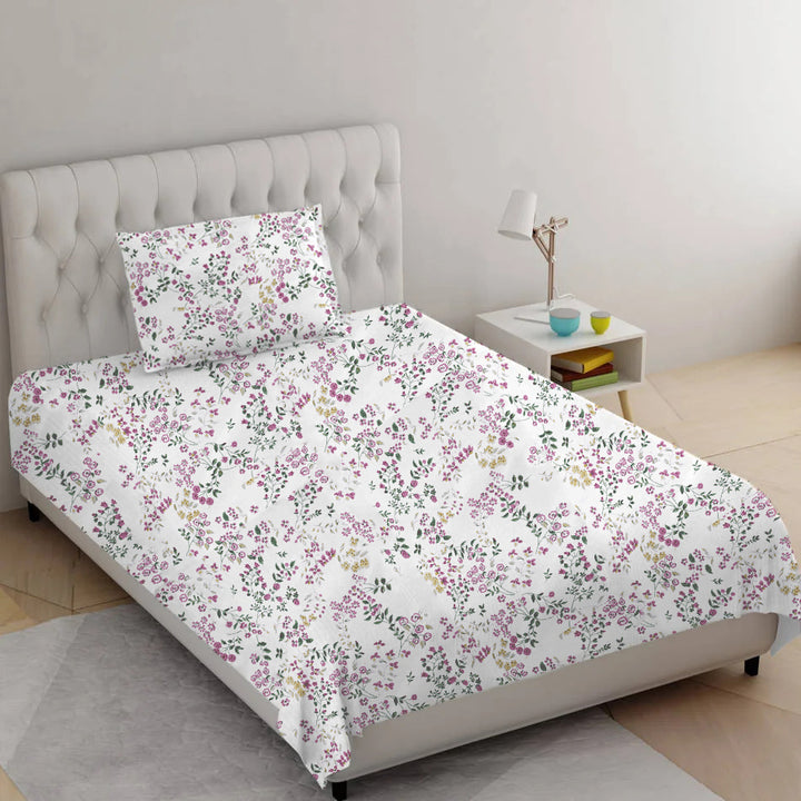 100% Cotton 210TC Printed Flat Bedsheet with 2 Pillow Covers - Daisy Shower