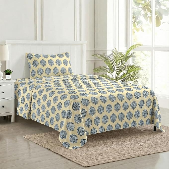 100% Cotton 200 TC  Printed Flat Bedsheet with Pillow Covers - Damask