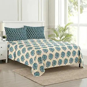 100% Cotton 200 TC Printed Flat Bedsheet with  Pillow Covers -   Damask  & Dori