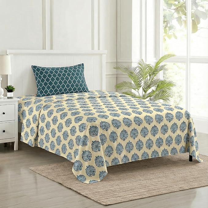 100% Cotton 200 TC Printed Flat Bedsheet with  Pillow Covers -   Damask  & Dori