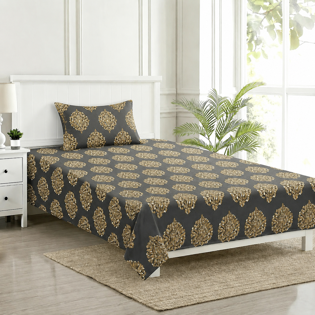 100% Cotton 200 TC  Printed Flat Bedsheet with Pillow Covers - Damask