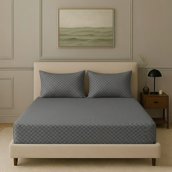 300TC 100% Cotton Jacquard Weave Fitted Bedsheet with Pillow Covers - Dark Grey