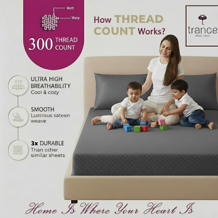 300TC 100% Cotton Jacquard Weave Fitted Bedsheet with Pillow Covers - Dark Grey