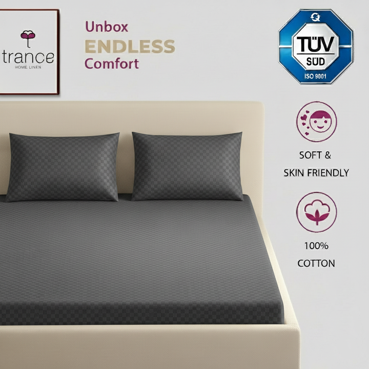 300TC 100% Cotton Jacquard Weave Fitted Bedsheet with Pillow Covers - Dark Grey