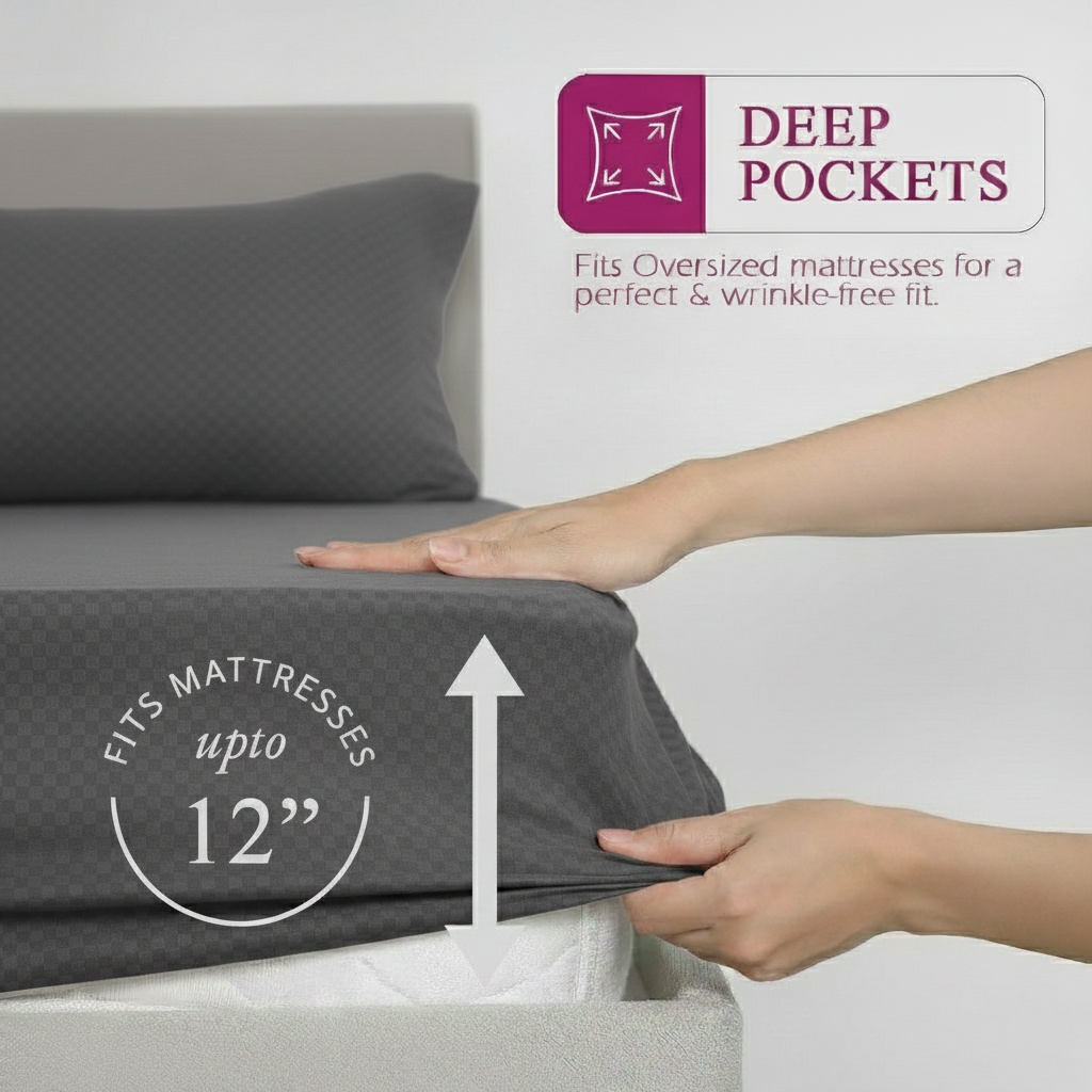 300TC 100% Cotton Jacquard Weave Fitted Bedsheet with Pillow Covers - Dark Grey