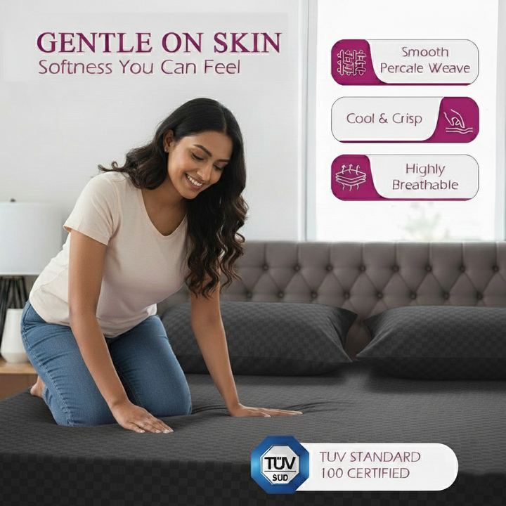 300TC 100% Cotton Jacquard Weave Fitted Bedsheet with Pillow Covers - Dark Grey