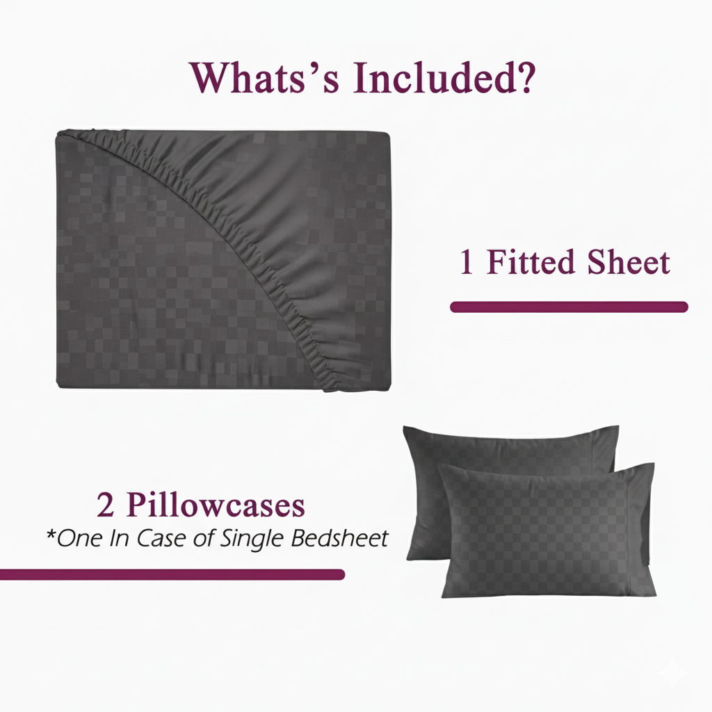 300TC 100% Cotton Jacquard Weave Fitted Bedsheet with Pillow Covers - Dark Grey