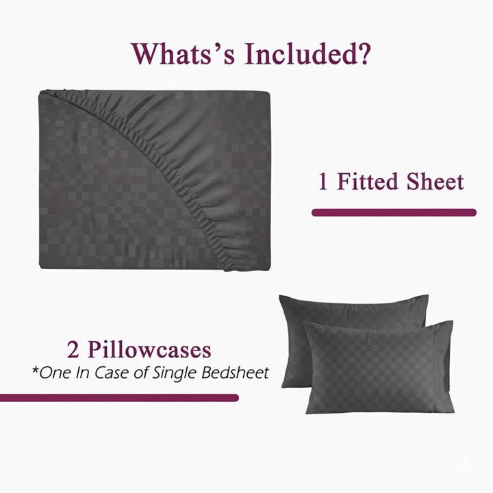 300TC 100% Cotton Jacquard Weave Fitted Bedsheet with Pillow Covers - Dark Grey