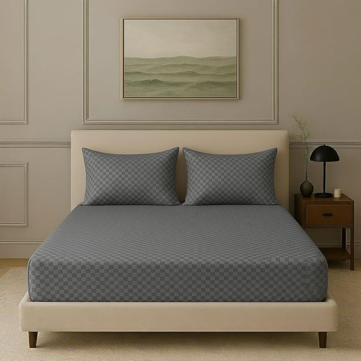 300TC 100% Cotton Jacquard Weave Checks Single Fitted Bedsheet with Pillow Cover