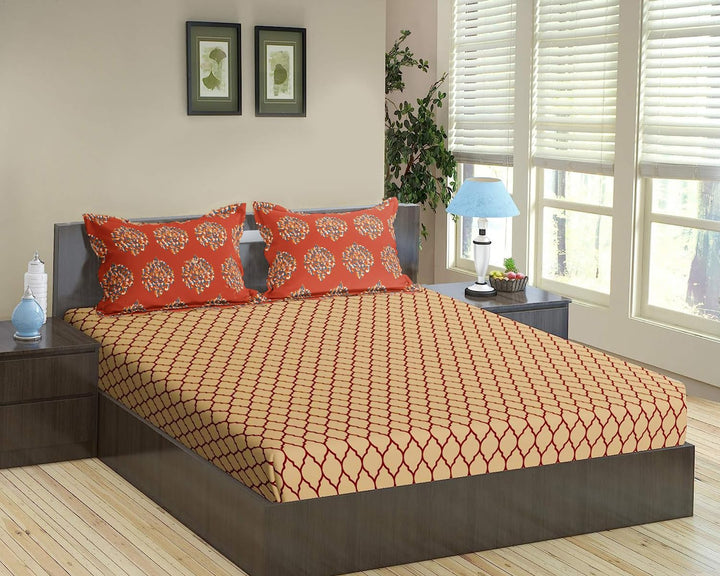 100% Cotton & 180 TCCotton Printed Fitted Bedsheet with 2 Pillow Covers ( Dori & Damask )