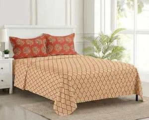 100% Cotton & 180 TCCotton Printed Fitted Bedsheet with 2 Pillow Covers ( Dori & Damask )