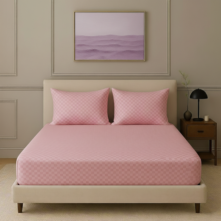300TC 100% Cotton Jacquard Weave Fitted Bedsheet with Pillow Covers - Dusty Rose