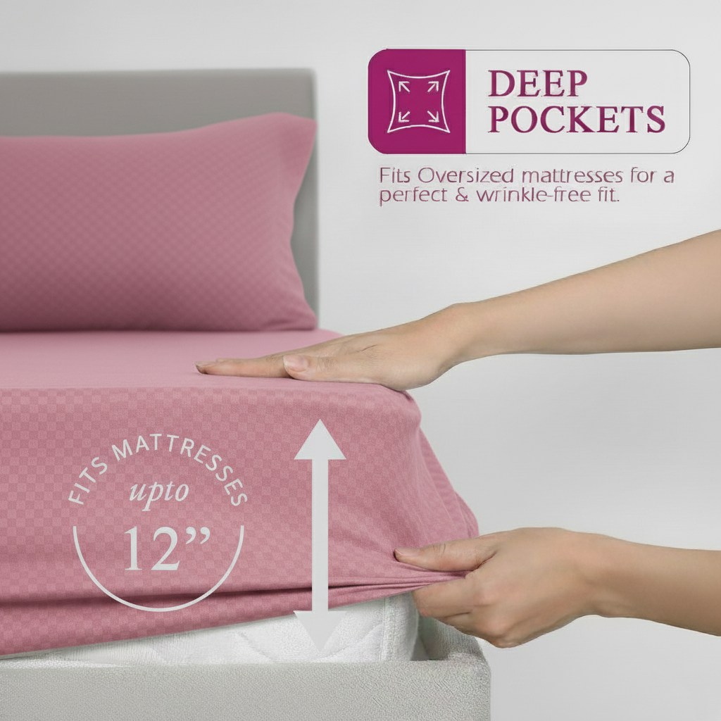 300TC 100% Cotton Jacquard Weave Fitted Bedsheet with Pillow Covers - Dusty Rose