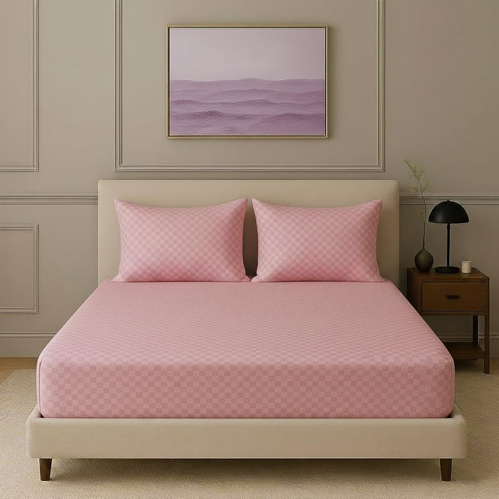 300TC 100% Cotton Jacquard Weave Checks Single Fitted Bedsheet with Pillow Cover