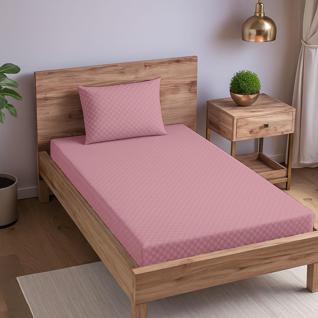 300TC 100% Cotton Jacquard Weave Checks Single Fitted Bedsheet with Pillow Cover