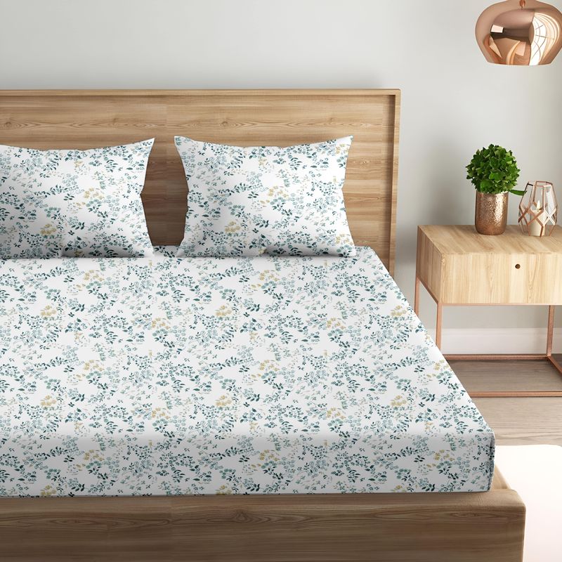 100% Cotton 210 TC Cotton Printed Fitted Bedsheet with Pillow Covers - Daisy Shower