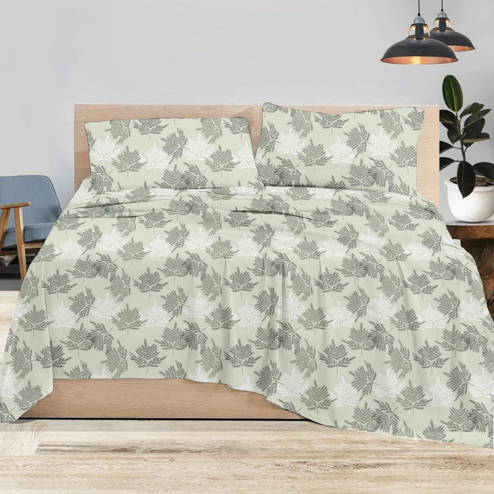 144TC - 100 % Cotton Printed Flat Bedsheet with Pillow Covers (Ferns Paradise )