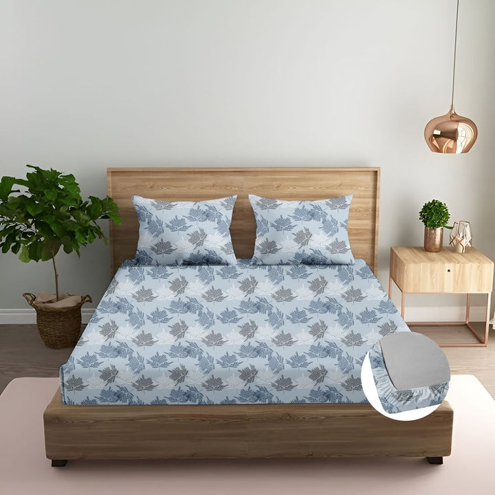 Cotton Printed Fitted Bedsheet with Pillow Covers (Ferns Paradise 100% Cotton &144 TC)