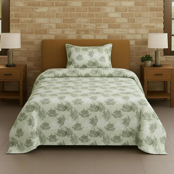 100% Cotton &144 TC Cotton Printed Fitted Bedsheet with Pillow Covers (Ferns Paradise )