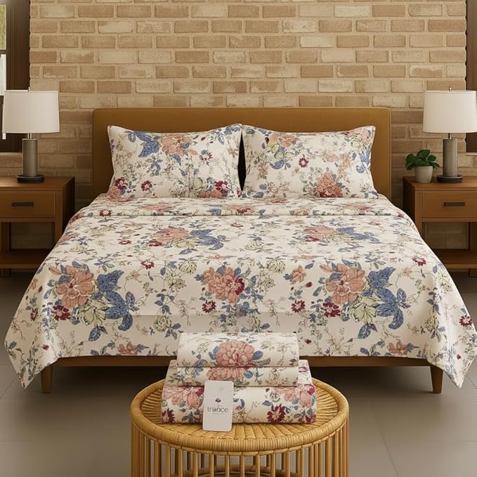 100% Cotton 180 TC Printed Flat Bedsheet with Pillow Covers - Spring Foliage
