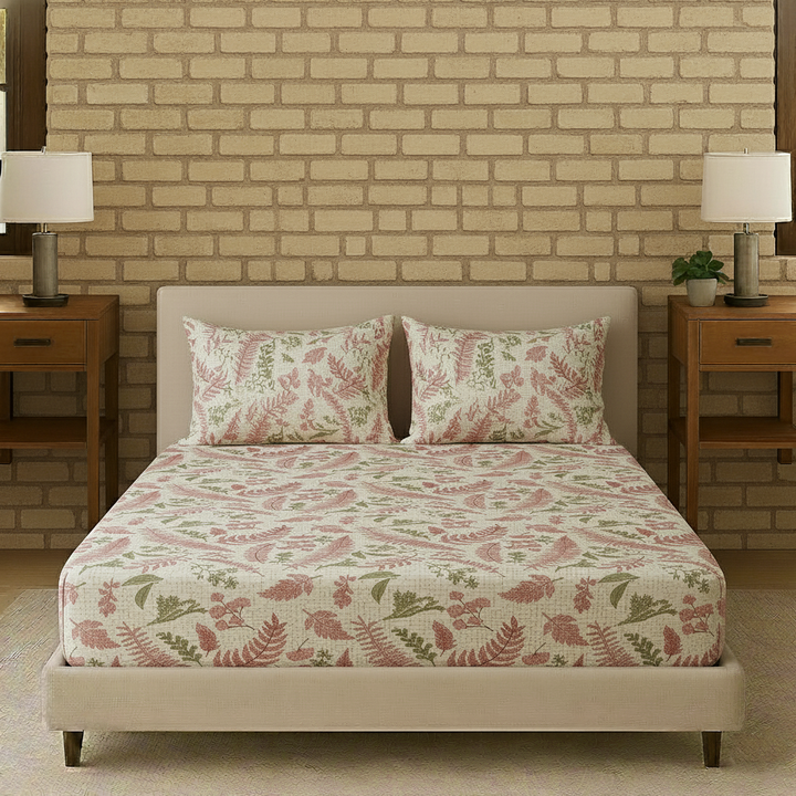 100% Cotton 144TC Printed Fitted Bedsheet with Pillow Covers - Foliage