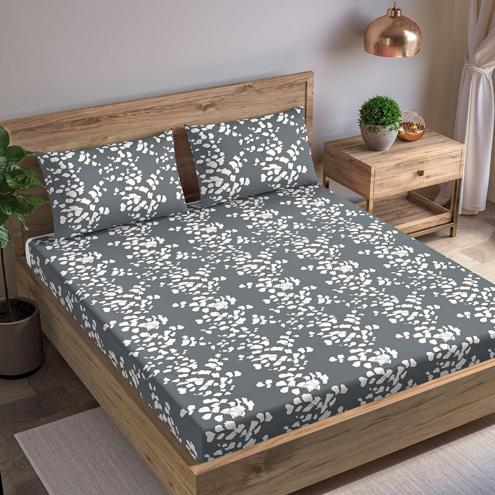 100% Cotton & 200 TC Cotton Printed Fitted Bedsheet with Pillow Covers (Ginkgo Leaves)