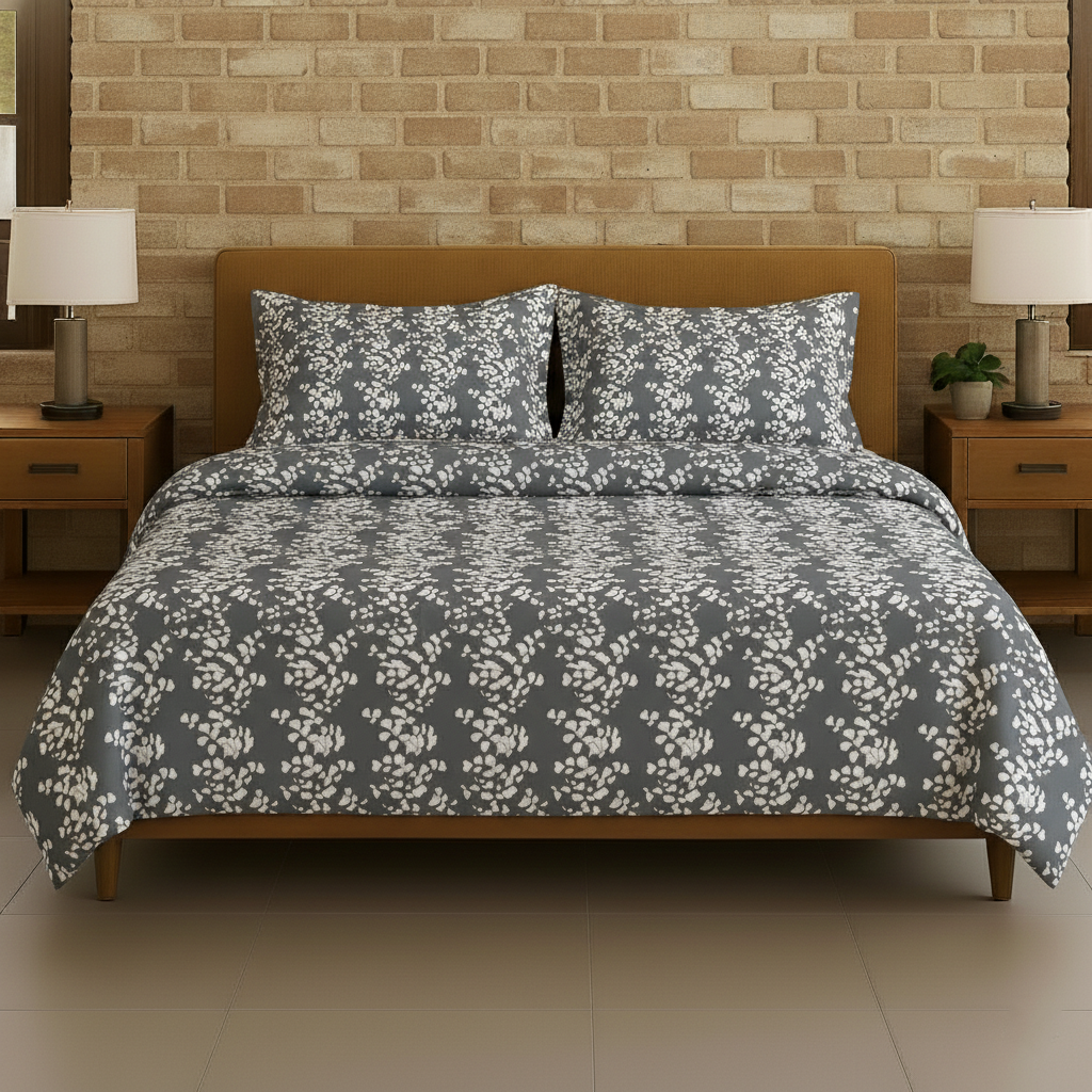 Cotton Printed Queen Flat Bedsheet with 2 Pillow Covers (Ginkgo Leaves 100% Cotton & 200 TC)