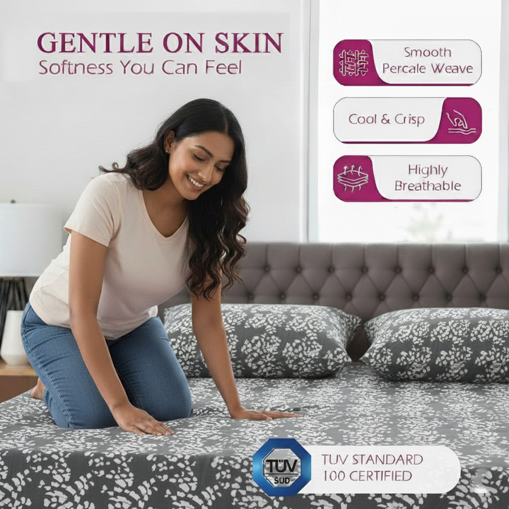 Cotton Printed King Flat Bedsheet with 2 Pillow Covers (Ginkgo Leaves 100% Cotton & 200 TC)