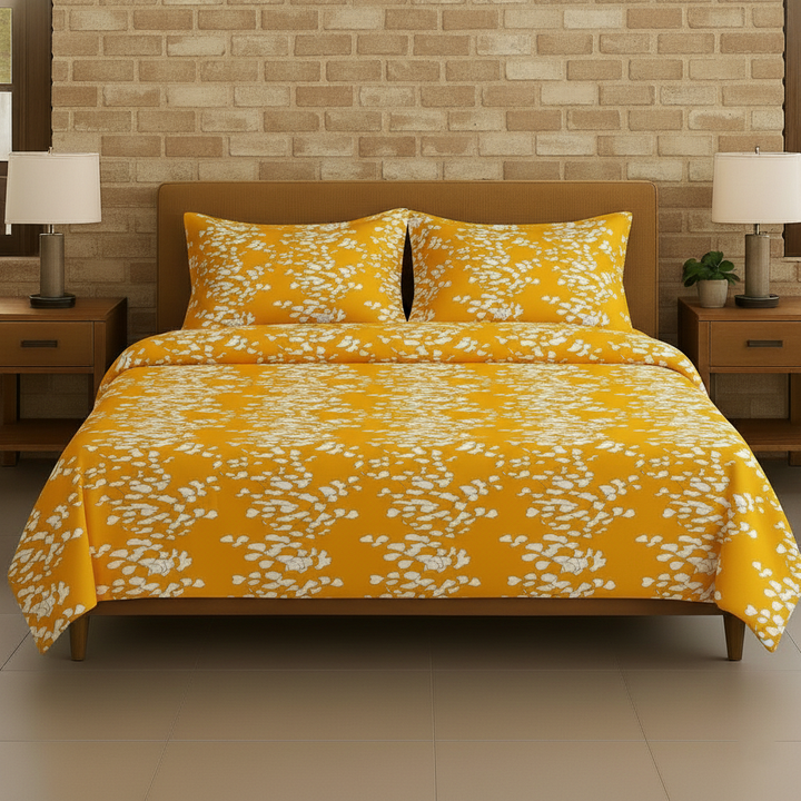 Cotton Printed Queen Flat Bedsheet with 2 Pillow Covers (Ginkgo Leaves 100% Cotton & 200 TC)