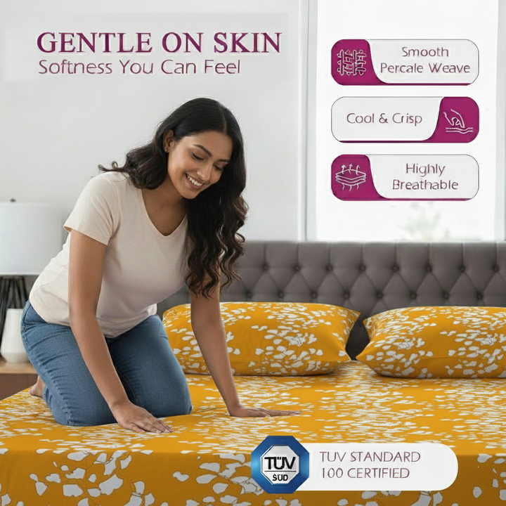 Cotton Printed King Flat Bedsheet with 2 Pillow Covers (Ginkgo Leaves 100% Cotton & 200 TC)