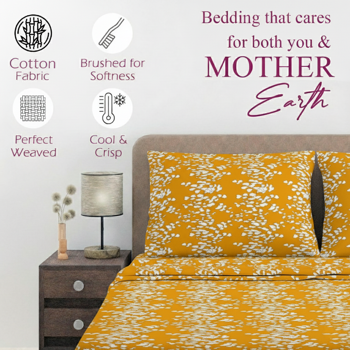 Cotton Printed King Flat Bedsheet with 2 Pillow Covers (Ginkgo Leaves 100% Cotton & 200 TC)