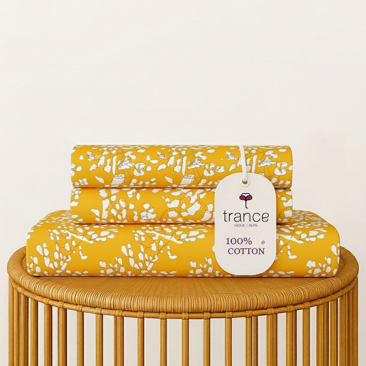 Cotton Printed King Flat Bedsheet with 2 Pillow Covers (Ginkgo Leaves 100% Cotton & 200 TC)