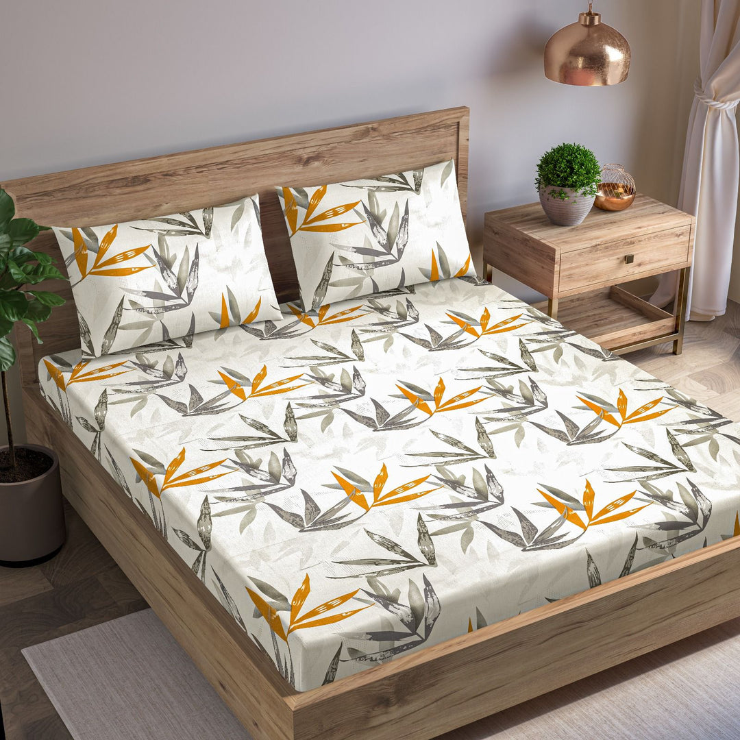 Cotton Printed Fitted Bedsheet with Pillow Covers (Grace Leaves 100% Cotton 180 TC)