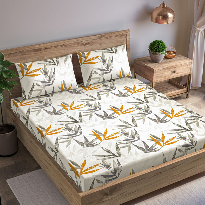 Cotton Printed Fitted Bedsheet with Pillow Covers (Grace Leaves 100% Cotton 180 TC)