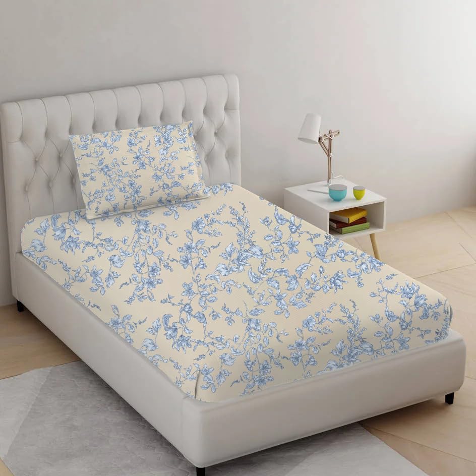 100% Cotton 210 TC Cotton Printed Fitted Bedsheet with Pillow Covers - Grape Vine