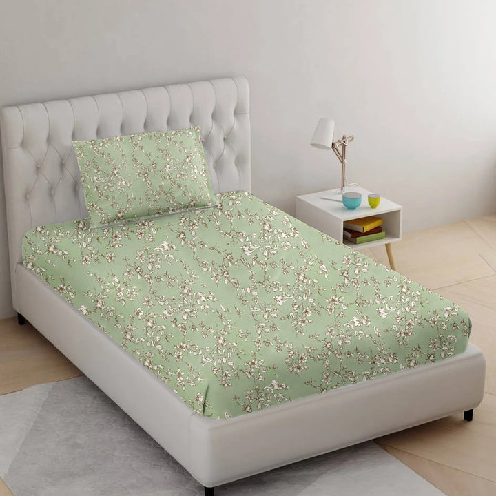 100% Cotton 210 TC Cotton Printed Fitted Bedsheet with Pillow Covers - Grape Vine