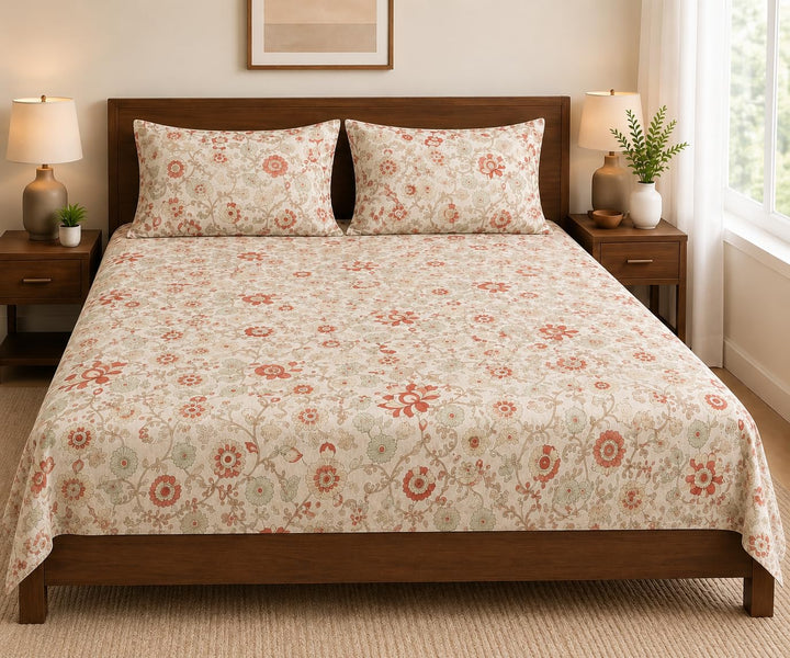 100%-Cotton 144TC-Bedsheet-King Size Printed Flat Bedsheet with 2 Pillow Covers-Kalamkari