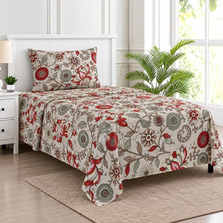 100%-Cotton 144TC-Bedsheet-King Size Printed Flat Bedsheet with 2 Pillow Covers-Kalamkari