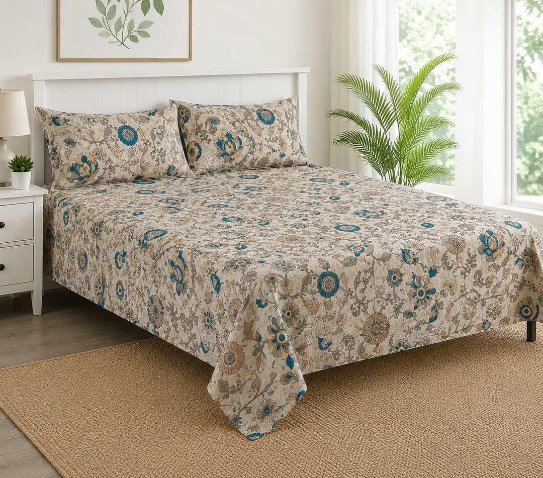 100%-Cotton 144TC-Bedsheet-King Size Printed Flat Bedsheet with 2 Pillow Covers-Kalamkari