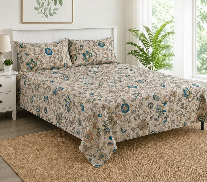 100%-Cotton 144TC-Bedsheet-King Size Printed Flat Bedsheet with 2 Pillow Covers-Kalamkari