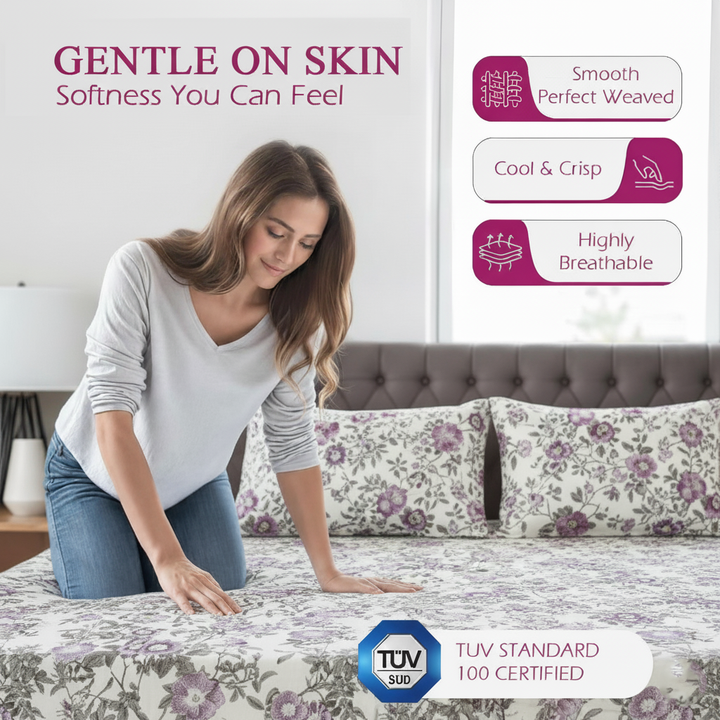 100% Cotton 180TC Printed Flat Bedsheet with Pillow Covers