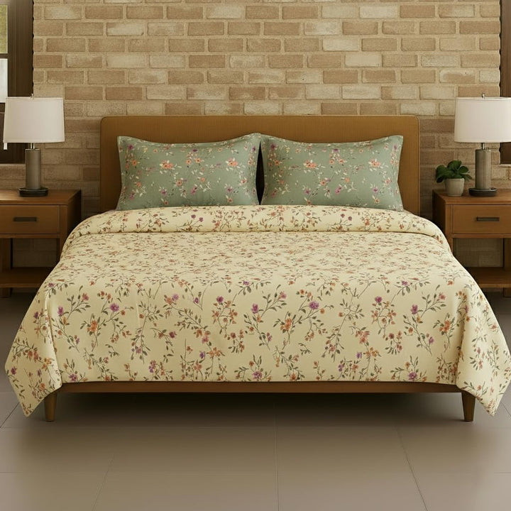 100% Cotton 180TC Printed Flat Bedsheet with Pillow Covers - Lilly ivory green