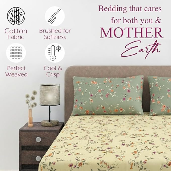 100% Cotton 180TC Printed Flat Bedsheet with Pillow Covers - Lilly ivory green