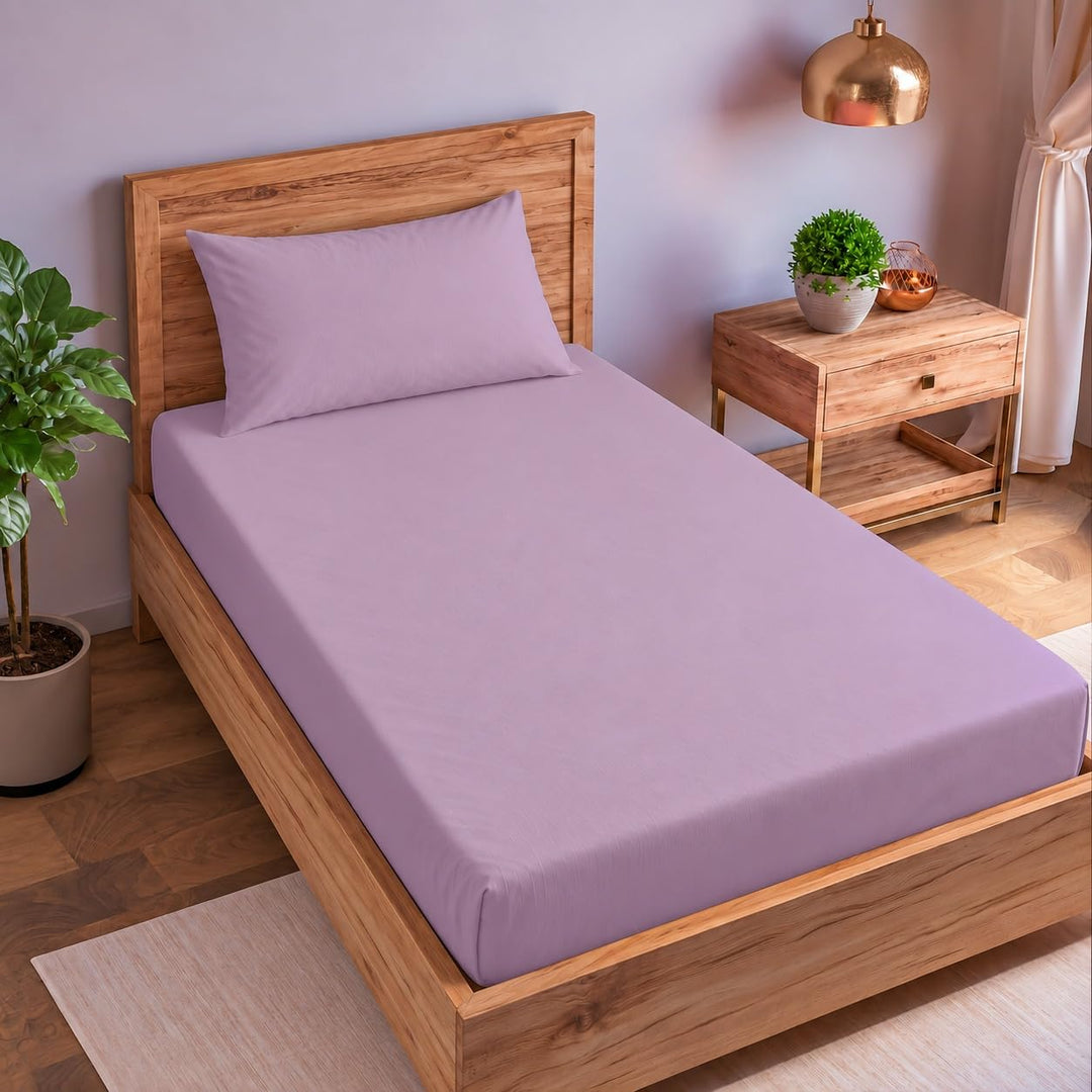 Single size Cotton Percale Fitted Bedsheet with 2 Pillow Cover (100% Cotton & 200 TC)