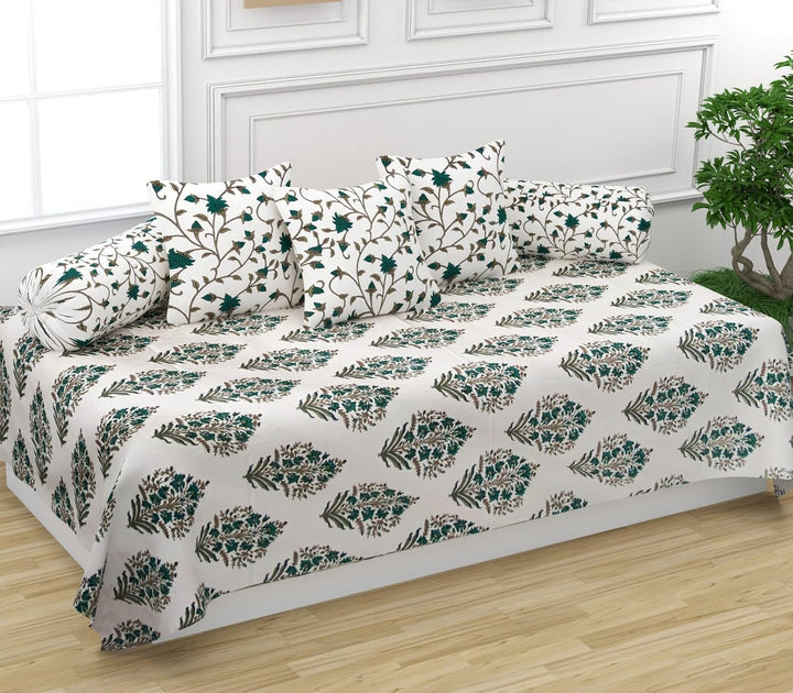 Cotton  Printed 6 Pcs Diwan Set (100% Cotton & 108 TC) Madhuban Jaal Green & Yellow