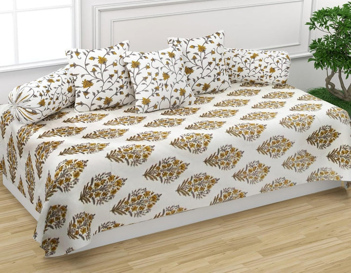 Cotton  Printed 6 Pcs Diwan Set (100% Cotton & 108 TC) Madhuban Jaal Green & Yellow